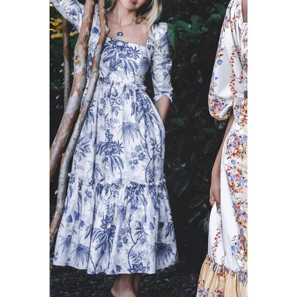 Cara Cara Blue Hill Dress jacobean toile navy blue white Size 4 - Picture 6 of 16